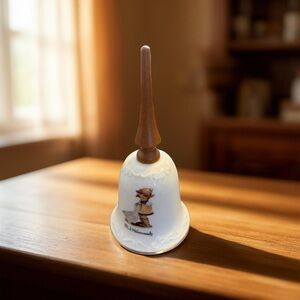 M.J. Hummel Goebel Porcelain "Goose Girl" Dinner Bell w/ Wooden Handle Gold Trim